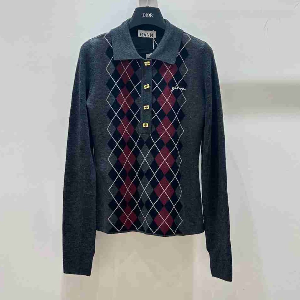 Ganni Gray Argyle Sweater Cardigan